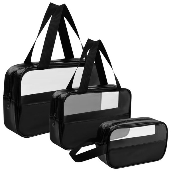 Wisebom Toiletry Bag Transparent Toiletry Bag Set, 3 Pieces Waterproof Cosmetic Bag with Zip & Carry Handle, PVC & PU Leather Wash Bag for Travel, Bathroom, Business, black, simple