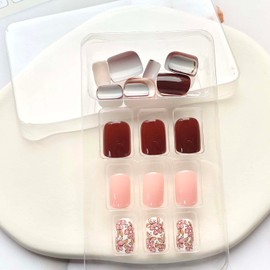 Spring Small Flower Fake Nails, Short Press on Nails, New Simply Square Fake Nails, Striped Plaid Wearable Flower Designs Acrylic Nails, Glossy Pink False Nails, Short Glue on Nails for Women