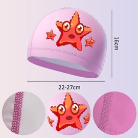 Kids Swimming Cap Elastic Cartoon Shark Swim Hat for Children Girls and Boys Swimming Cap for Age 4-10 Breathable Comfortable Stretch Polyester Fabric (Pink, Starfish)