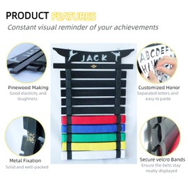 Martial Arts Belt Display Rack, Wooden Wall Mount, Karate and Taekwondo Belt Holder (Pine Wood, Black)