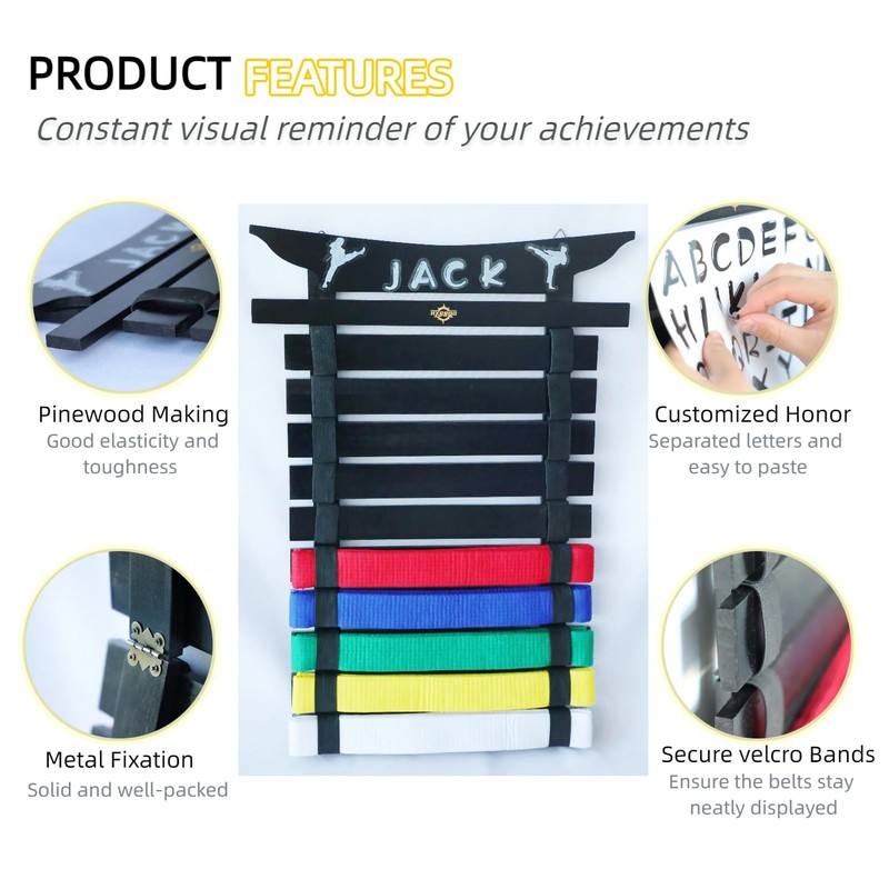 Martial Arts Belt Display Rack, Wooden Wall Mount, Karate and