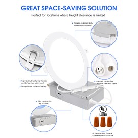 24 Pack 6 Inch Ultra-Thin LED Recessed Ceiling Light with Junction Box, 5000K Daylight, 12W 110W Eqv, Dimmable Canless LED Recessed Light, 1050LM High Brightness Wafer Downlight- ETL&FCC Certified