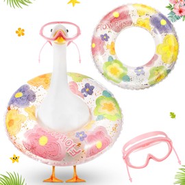 Aliceset 2 Pcs Summer Porch Goose Outfit Hawaiian Luau Lawn Goose Cloth Costume Pool Float Swim Goggles Patio Yard Outdoor(Flower Style)