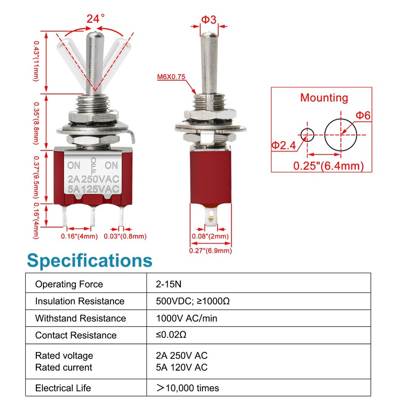 Heschen 5pcs MTS-123 (ON) OFF(ON) SPDT 3 Pin 2A 250V