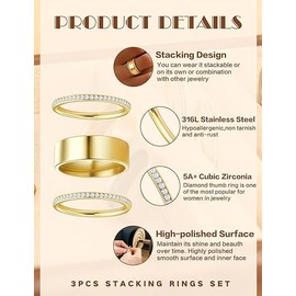 MeeQee Pack of 3 Gold Silver Rings for Women 18K Gold-Plated Rings Set Delicate Stacking Rings with Cubic Zirconia Waterproof Statement Knuckle Ring Thumb Rings Minimalist Ring Finger Ring, Titanium