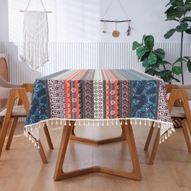 VOGOL Linen Textured Table Cloth, Striped Printed Boho Style Rectangle Table Cover for Thanksgiving Dinner, Decorative Tablecloth for Dining Table, 52 x 102 in