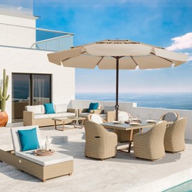 JEAREY 3-Tier 11 FT Patio Umbrellas Outdoor Table Umbrella with Crank No Tilt Market Umbrella 8 Sturdy Ribs UV Protection Waterproof for Garden, Deck, Backyard, Beige