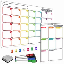 TMS A3 / A4 Multi-Coloured Magnetic Weekly Planner/Memo Board/Calendar – Whiteboard, Shopping List and Meal Planner - with 4 Magnetic Dry Wipe Pens and Eraser (Colour Weekly, Planner Combo Set)