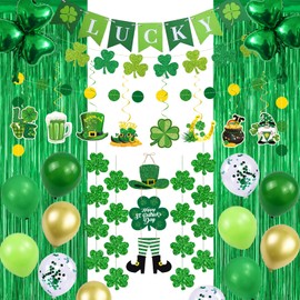 St Patrick's Day Decorations Kit,St Patricks Day Decorations Foil Fringe Curtains,Shamrock Lucky Banner,Clover Hanging Swirls,Door Hanging Ornament,Shamrock Garlands,Balloons for Home Party Supplies