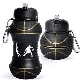 Botella de agua plegable, Botellas de Agua Plegables de Silicona para Niños con Mosquetón Botellas de agua deportivas a prueba de fugas para escolares, footing, senderismo, viajes (Baloncesto negro)