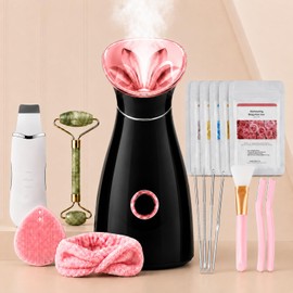 Facial Steamer Deep Cleaning Kit: Nano Ionic Face Steamer with 17 Skin Care Tools, Home Spa Skincare Set for Clean Refresh Repair, Unclogging Pores, Self Care Gifts for Women, Black Rose Gold