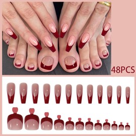 Long Coffin Press on Nails Red French Tip Fake Finger Toe Nails Set Short Square Press on Toenails Nude Acrylic Toe Nails Reusable Stick on Artificial Nails for Women Girls DIY Manicure 48PCS