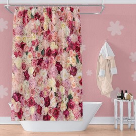 OERJU Floral Shower Curtain Red Pink Colorful Rose Flowers Vivid Bright Spring Beautiful Women Bath Curtain Waterproof Fabric Girly Bathroom Decor Romantic Shower Curtain Set with Hooks 65x72inch