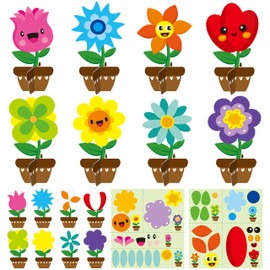 WATINC 32 Packs Spring Flower Craft Kit, Make Your Spring DIY Flower Art Craft for Preschool Kids, Sun Mouth Eyes Stickers Springtime Flowers Decorations for Kids Boy Girl Home School Fun Activities