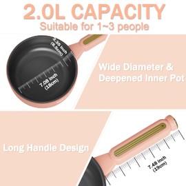 TOPWIT Hot Pot Electric, 2L Multifunctional Electric Pot, Non-Stick Fring Pan, Portable Pot for Steak, Egg, Fried Rice, Ramen, Soup with Dual Power Control (Silicone Spatula Included), Peach