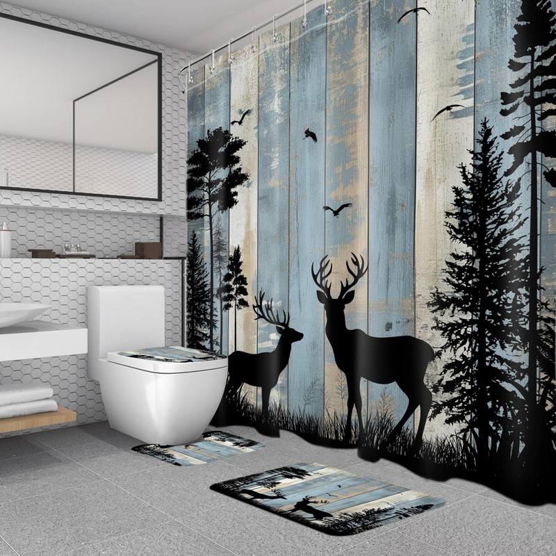 MYUSRE Rustic Cabin Deer Shower Curtain Set with Bathroom Rugs,