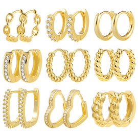 Small Gold Hoop Earrings for Women, ALEXCRAFT 9 Pairs Multipack Gold Hoop Earrings Set, 14k Real Gold Plated Piercing Huggie Cartilage Earrings with Zircon Twist Heart Square Chain Hoop Earrings