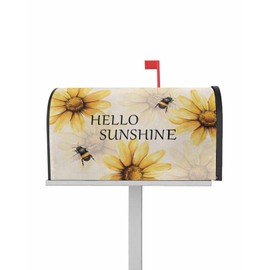 QueenKer Mailbox Covers Magnetic Standard Size 18.5" x 21.7" Hello Sunshine Yellow Daisy Bees Linen Texture Replaceable Post Wraps Letter Box Cover Welcoming Outdoor Decoration for Yard Patio Garden