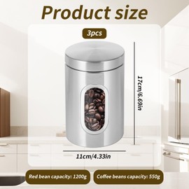 3 Pack Stainless Steel Kitchen Canisters, Canisters Sets for the Kitchen Accessories Stainless Steel Food Container With Secure Lids & Viewing Window Multi Food Storage Jars for Tea Coffee (Silvery)