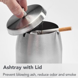 Ashtray with Lid for Outside Patio, Windproof Ash Tray, Silver Stainless Steel Smokeless Ashtray for Outdoor Home Office Tabletop Patio Outdoor Balcony, Large