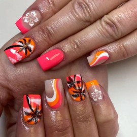 ONPRESS 24Pcs Summer Press on Nails Short Square Fake Nails with Coconut Tree Design Orange French Tip Glue on Nails White Flower Beach False Nails Colorful Line Clouds Stick on Nails for Women Decor