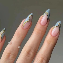 MERVF Almond Press on Nails Medium Fake Nails Blue French Tip Stiletto Acrylic Nails Press ons with Gold Lines Design Glue on Summer Beach Nails 24pcs Glossy