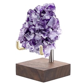 BTSKY Small Size Adjustable Gold Metal Arm Display Stand Easel with Square Walnut Wood Base, Display Holder for Geodes Rock Mineral Agate Fossil Coral Coin