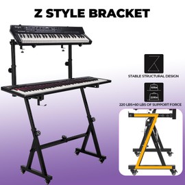 FAHKNS Dual Piano Keyboard Stand, Z Style Portable and Adjustable Piano Stand with Headphone Bracket for 54-88 Key Electric Pianos, 2 Tier Piano Accessories with Bottom Wheel for Kids and Adults