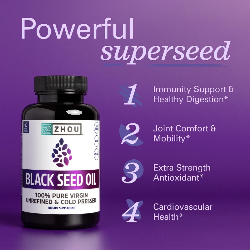 ZHOU Zhou Nutrition Black Seed Oil Capsules, 100% Virgin, Cold