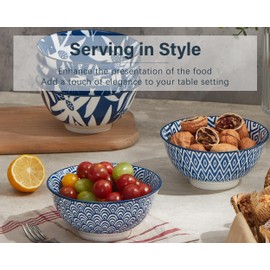 ONEMORE 20oz Ceramic Cereal Bowls Set of 6, Porcelain Dinner Bowls for Soup, Dessert, Ice Cream - Microwavable, Dishwasher & Oven Safe, Large Kitchen Bowls, Scratch Resistant - Vintage Blue & White