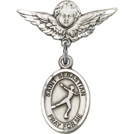 Sterling Silver Baby Badge with St. Sebastian/Figure Skating Charm and Angel w/Wings Badge Pin 7/8 X 3/4 inches