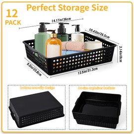 12 Pcs Plastic Storage Baskets Bulk 14 x 10 In Stackable Storage Bin with Handles A4 Size Desktop File Letter Organizer Tray Multi-purpose Container for Shelve Desktop Classroom Office Home Playroom