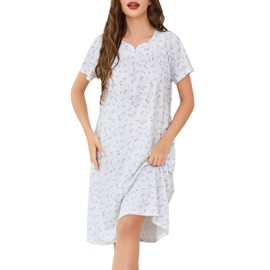 Vlazom Women's Nighties Printed Pleated Nightdress Soft Cotton Long Nightgowns Loose Nightgshirt with Pockets White & Red Flower,XXL