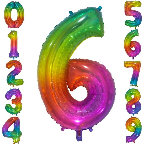 Tellpet Number 6 Balloon, Helium Foil Mylar Birthday Number Balloons, 6 Birthday Girl Party Decorations, Rainbow Front Silver Back, 40 Inch