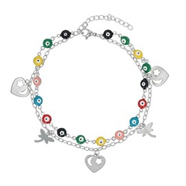 Akzent Fußkette Damen Edelstahl 2-reihig 24+5 cm verstellbar – Fußkettchen „Prisara“ mit Palmen-, Herz- & Nazar-Augen-Anhängern, silber- oder goldfarben