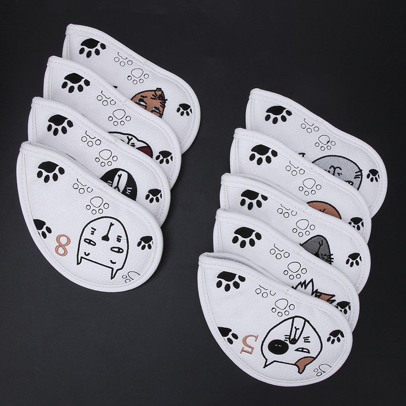 9PCS PU Leather Embroidery Waterproof Golf Putter Head Cover Iron