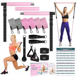Pilates Bar Kit with Resistance Bands, Multifunctional Yoga Pilates Bar with Heavy-Duty Metal Adjustment Buckle, Portable Home Gym Pilates Resistance Bar Kit for Women Full Body Workouts -Pink