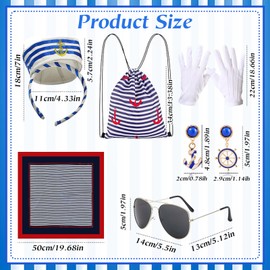 Orizizhic Pack of 6 Sailor Costume Women's Sailor Hat Sailor Scarf White Gloves Blue Stripes Bag Sunglasses Earrings Carnival Accessories Women for Women Yacht Party Cosplay Theme Party, blue, One