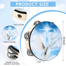 Fiada Dove Tambourines for Adults Church Christian Dance Tambourine Cross Double Row Jingle Bible Hand Bell Drum for Church Pray Party Percussion Musical Instrument Hand Bell Clap Drum(10 Inch)