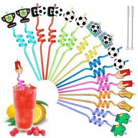 Football Decoration Birthday Children, Pack of 16 Football Children's Straws with 2 Cleaning Brushes, Reusable Straws, Curly Party Straws, Children's Birthday Decoration Party Supplies