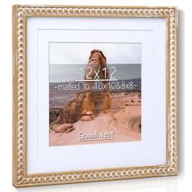 Square 12x12 Rustic Picture Frame, Decorative Distressed Beaded Detailing, Natural Pine Wood with Real Glass, Matted to 8x8/10x10 Photos, Gallery Wall Poster Frame and Tabletop Display, Natural