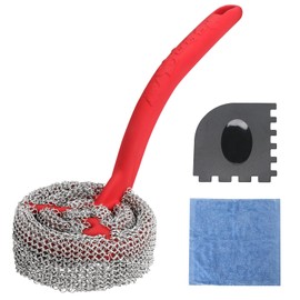 Cast Iron Chainmail Scrubber with Handle （ABS） - Cleaner for Pans and Pots - Premium Stainless Steel/Silicone Scraper for Skillets - Ergonomic Food-Safe Design - Easy to Clean Cookware Dish Brush