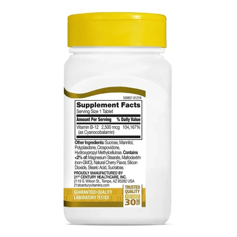 Suplemento Tabletas Sublinguales 21st Century Vitamina B12 Sabor Cereza Bote