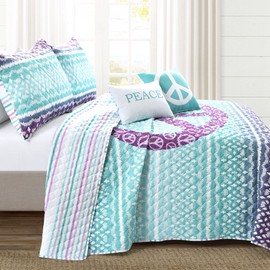 Lush Decor Peace Ombre Reversible 5 Piece Quilt Set, Full/Queen, Purple & Blue