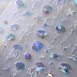 Summer Nail Art Stickers 5D Embossed Nail Stickers Spring Nail Decals with Beach Pearl, 1PCS Shiny Shell Starfish Jellyfish Designs DIY Self Adhesive Nail Art Supply for Women Manicure Decoration