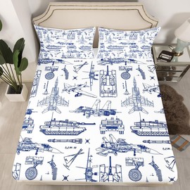 Aircraft Tank Bedding Set Twin Size,Kids Boys Plane Cars Transport Vehicles Fitted Sheet for Teens Men Adult Room Decor,Military Style Bed Sheet Modern Navy White Deep Pocket Sheet,1 Pillowcase