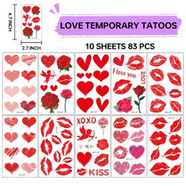 Valentines Day Temporary Tattoo- 10 Sheets Kiss Tattoos Temporary Adult, 83 Pcs Red Lip Kiss Mark Temporary Tattoos, Love Heart Rose Angel Tattoo Stickers for Women Valentine's Day Decorations