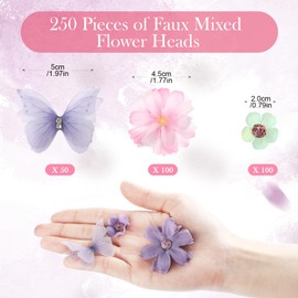Tigeen 250 Pcs Faux Flower Heads Organza Butterfly Set Includes 200 Silk Daisy 50 Butterfly Embellishments Artificial Flowers Heads 3D Butterflies for DIY(Elegant Colors)