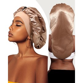 Coubeau Sleep Cap Silk Long Hair for Women - 2 Layers Silk Bonnet for Braids, Elastic Hair Sleeping Hood with Wide Band Silk Bonnet