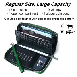 Utenwat Womens Wallets Large Capacity RFID Blocking Genuine Leather Wallet for Women Zip Clutch Card Holder with Wristlet Green